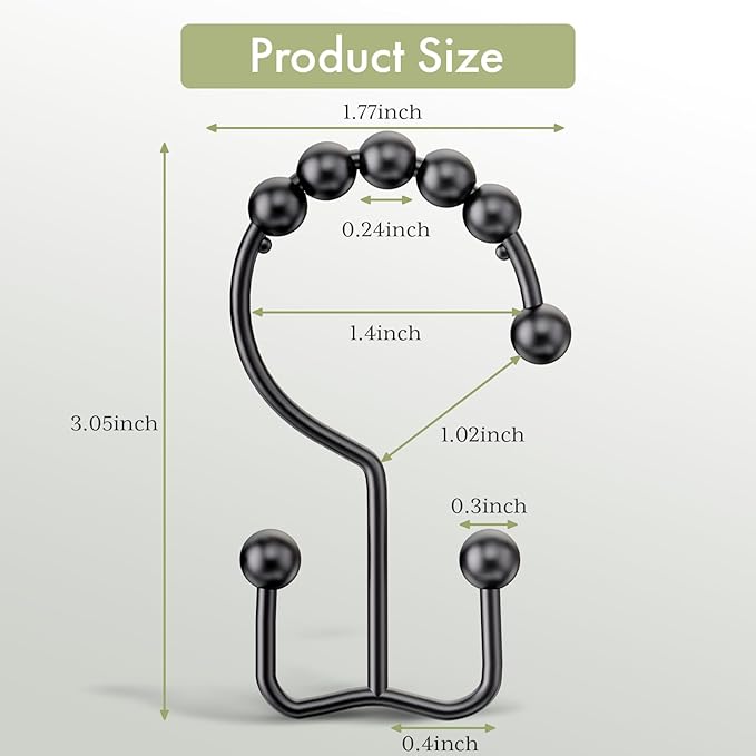 Amazer Black Shower Curtain Hooks, Shower Curtain Hooks Rust Proof 12 Pcs Stainless Steel Shower Hooks for Shower Curtain, Double Shower Curtain Hooks for Bathroom Shower Rods Curtain