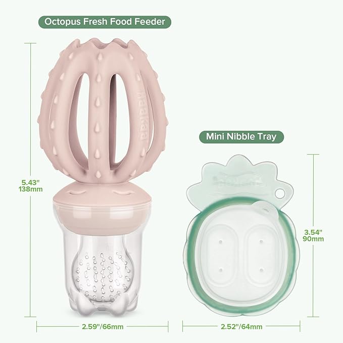 Haakaa Octopus Baby Fruit Food Feeder & Mini Freezer Nibble Tray Combo, Breastmilk Popsicle Molds for Cooling Relief, BPA Free Silicone Feeder for Safe Infant Self Feeding, 4 Month+（Blush）