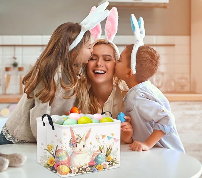 TIBAOLOVER Rectangular Easter Kids Storage Gift & Toy Bin Organizer Shelf Book Basket Room Decor (Flag Easter Bunny)