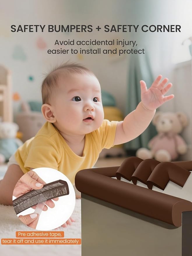 QYV Baby Proof Edge Corner Protector, 6.56FT 0.47''Th L-Shape Furniture Corner & Edge Safety Bumper with 6 Corners, Pre-Taped, Soft NBR Rubber Foam Desk Edge Cushion Wall Corner Protector (Coffee)
