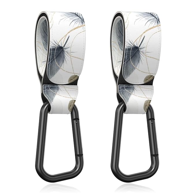 Baby Stroller Hooks for Hanging Bags, Universal Stroller Clips Accessories, Mommy Hook for Diaper Bag, Shopping Cart, Purse, Backpack - 2 Pack, Minimalist Feather