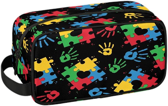 Travel Toiletry Bag for Kids Colorful Puzzle Waterproof Hanging Cosmetic Pouch Dopp Kit Medicine Organizer Bag for Girls & Boys