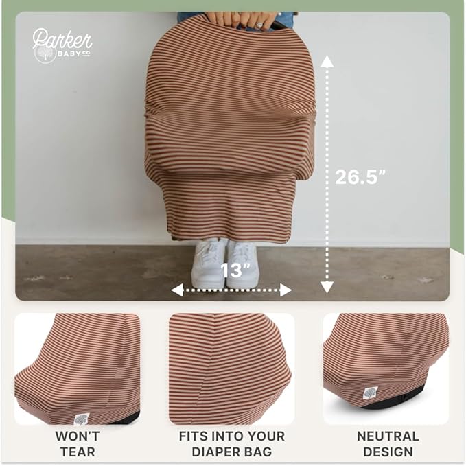 Parker Baby 4 in 1 Car Seat Cover for Girls and Boys - Stretchy Carseat Canopy, Nursing Cover, Grocery Cart Cover, High Chair Cover - “Clay/Alpaca Stripes”