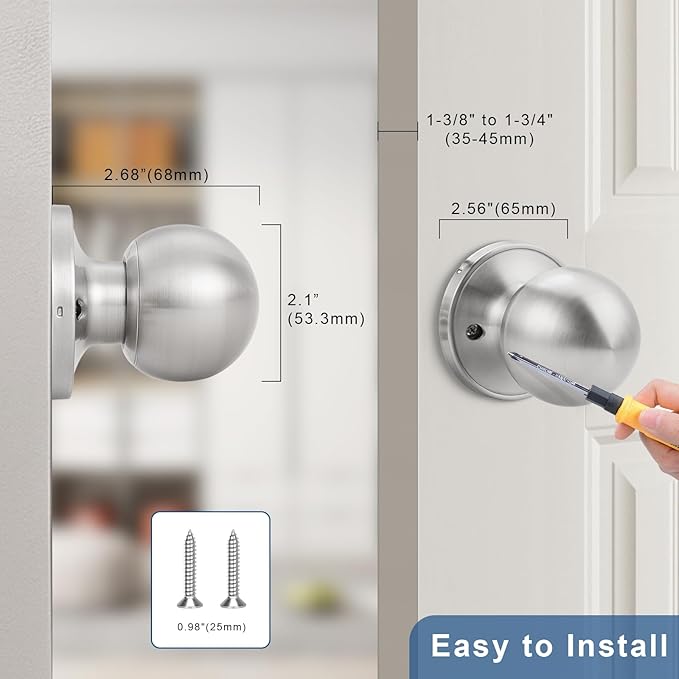 Knobonly 2 Pack Single Side Dummy Door Knob, Non-Turning Indoor Door Knob, Closet Door Knobs, Satin Nickel, Stainless Steel