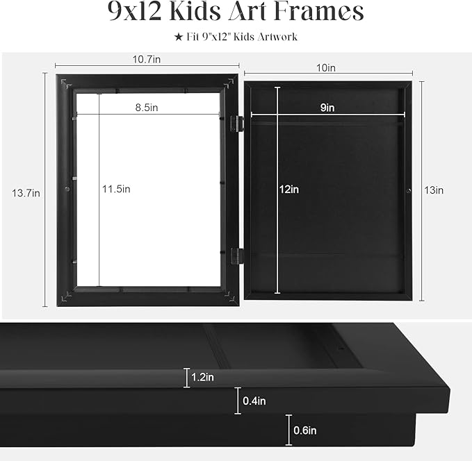 [2Pack] Kids Art Frames, 9x12 Front Opening Kids Artwork Frames Changeable, Black Artwork Display Storage Frame for Wall, Holds 50 Pcs, for 3D Picture, Crafts, Children Drawing, Hanging Art, Portfolio