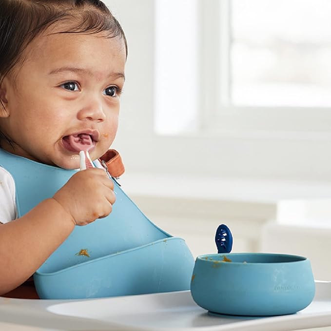 NumNum Baby Bowl & 2 Pack GOOtensils Baby Spoons, Suction Bowls for Baby 4+ Months, Extra Strong Non-Slip Suction, 100% Food-Grade Silicone, BPA-Free, Microwave & Dishwasher Safe (Blue/Green)