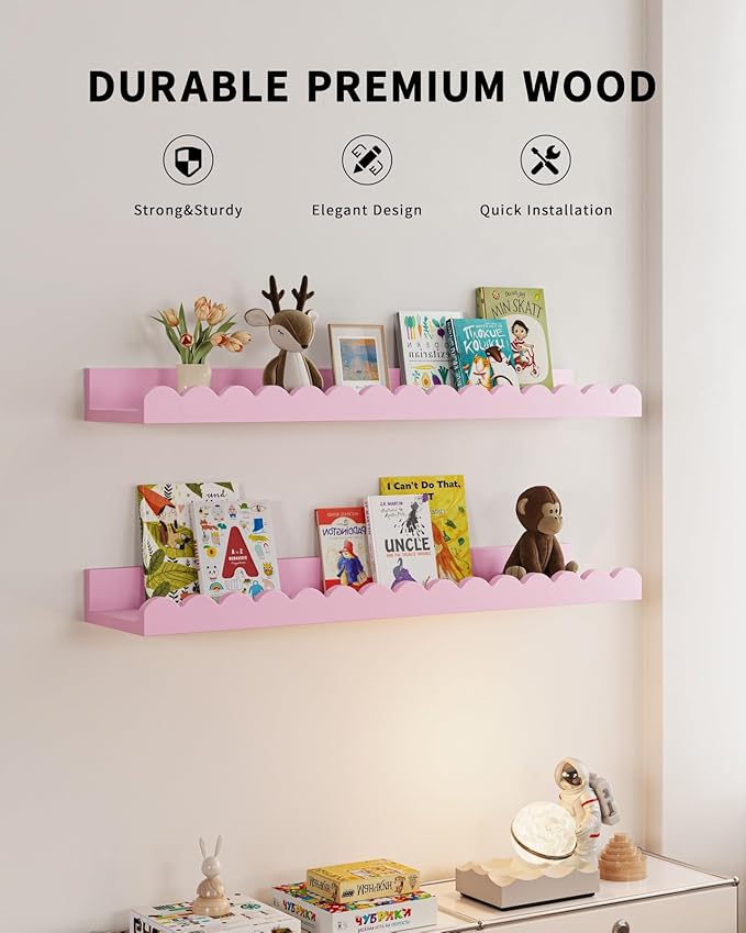 Shario Nursery Book Shelves, 4-Pack White Floating Shelves for Wall Kids, Scalloped Shelves, Wall Book Shelves for Bedroom Kids, Toddler Room, Baby Room, Nursery Decor(Pink, 23 Inches)