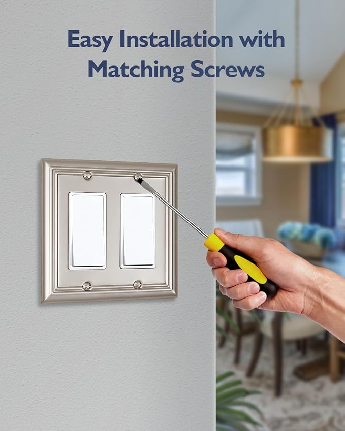 2-Pack Double Decorator Outlet Covers, Satin Nickel Wall Plates for Dimmer Switch, GFCI Outlet and Receptacal, Durable Metal, Midsize