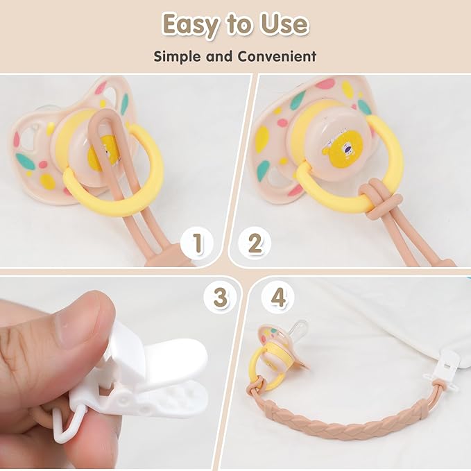 Stylish Silicone Pacifier Clips, 4-Pack Pacifier Holder with Flexible Woven Rope Design, 100% Food Grade Silicone, Easter Safe Essentials for Newborns Baby Boys and Girls