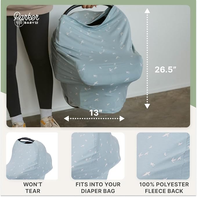 Parker Baby 4 in 1 Car Seat Cover for Girls and Boys - Stretchy Carseat Canopy, Nursing Cover, Grocery Cart Cover, High Chair Cover - "Dove"