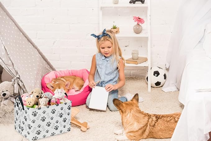 Sanjiaofen Rectangular Dog Basket,Dog Toy Bin,Dog Storage Basket Organizer.Waterproof PE Coating Puppy Storage Bin with Handles.Dog room decor,Dog Toys,Books,Kid's Gifts basket. (Dog Paw)