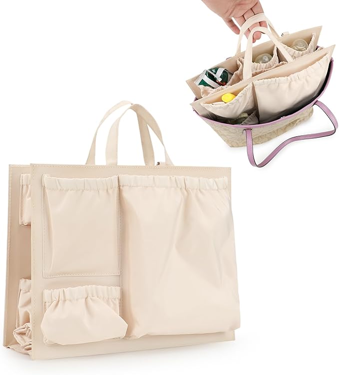 Lmbabter Removable Organizer Insert with Insulated Pocket,Updated Diaper Bag with 11 Total Pockets&Changing Pad, Handbag Tote Bag for Women Mommy Nurse (Beige)