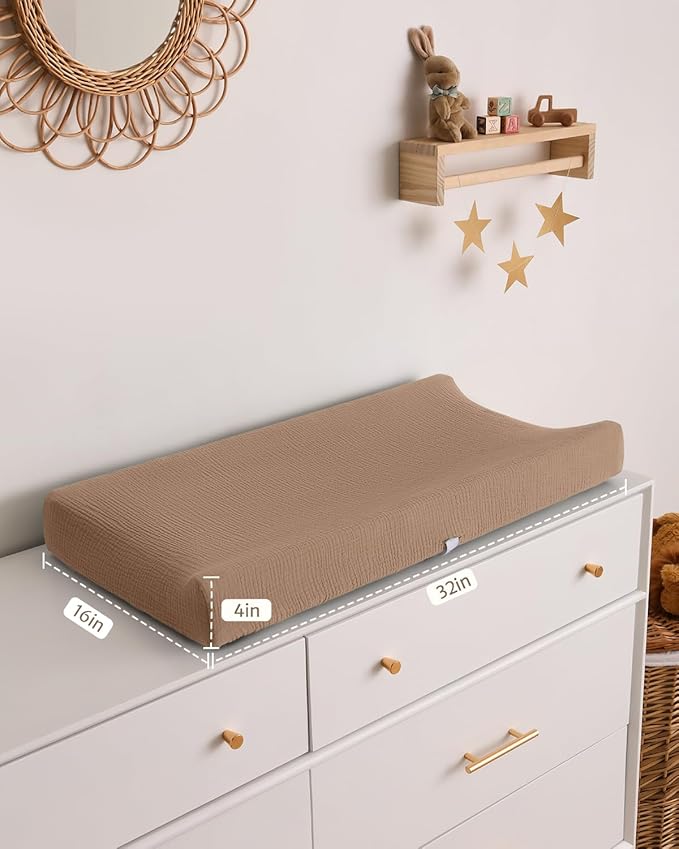 Blissful Diary Muslin Changing Pad Cover for Baby Girls Boys, Ultra Soft Breathable Cotton, Baby Diaper Change Table Pad Covers, 2Pack (Checkered Brown & Brown)