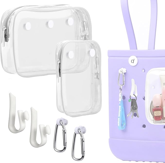 3 Packs Clear Bogg Beach Tote Bag with 2 Pack Insert Hooks Accessories for Bogg Bags Travel Makeup Clean Toiletry Brush Organizer Cosmetic Divider Storage Inner Pouch