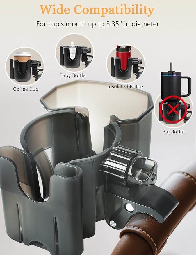 Universal Stroller Cup Holder with Phone Holder, 360° Rotatable Strong Clip, Big Storage Space for Walker, Wheelchair, Stroller, Bike (UM-SCH-B2507)