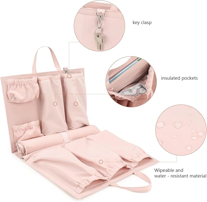 Lmbabter Removable Organizer Insert with Insulated Pocket,Updated Diaper Bag with 11 Total Pockets&Changing Pad, Handbag Tote Bag for Women Mommy Nurse (Pink)