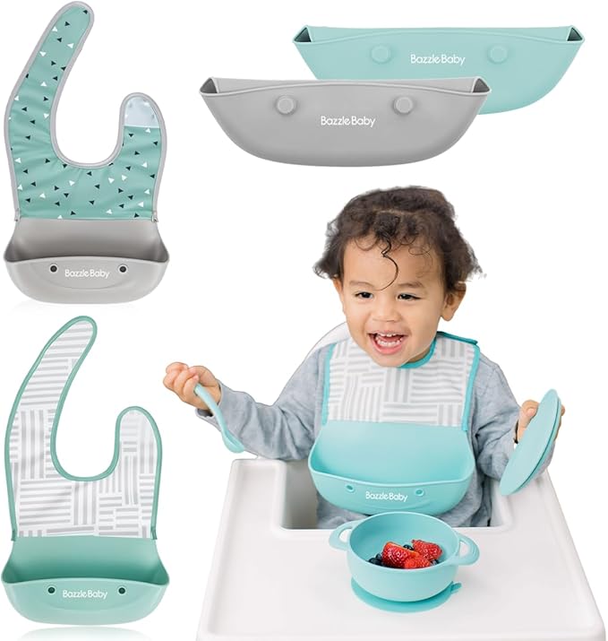 Bazzle Baby Silicone Bibs with Food Catcher - Rolls Up and Button closed for easy travel and storage Waterproof 2-Pk