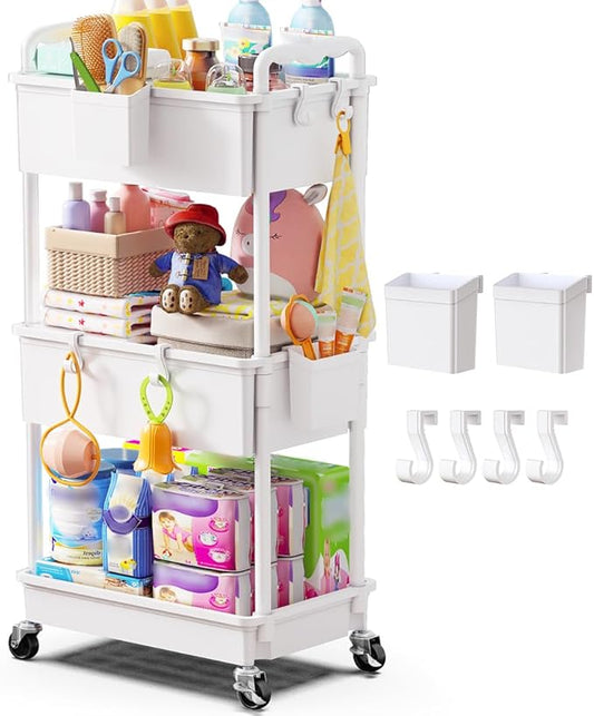 Goovilla Diaper Cart with Lockable Wheels and Easy Assembly, 3 Tier White Rolling Cart for Baby Nursery Storage, Sturdy Ample Diaper Caddy Organizer for Baby Girl, Boy, New Mom, Newborn Essentials