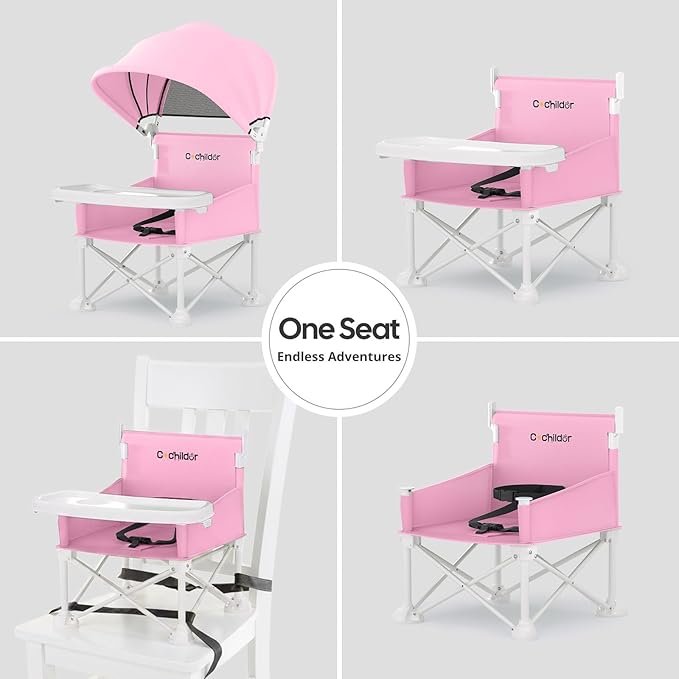 Cochildor 4-in-1 Portable Baby Chair, Foldable Toddler Booster Seat with Removable Tray, Canopy & Safety Harness, Pink