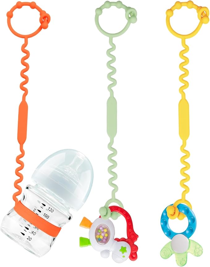 Toy Straps for Baby, Silicone Toy Straps for Stroller, Toy Safety Straps for Toy, Sippy Cup Straps, Adjustable Toy Holder for Stroller, High Chair - BPA Free (Orange,Yellow,Cyan)