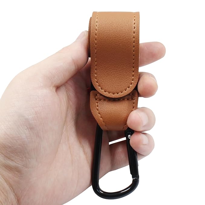 2 Pcs Stroller Hooks for Diaper Bag - Durable Leather Stroller Straps Diaper Bag Hooks - Stroller Clips for Stroller Wheelchair Shopping Carts - Brown