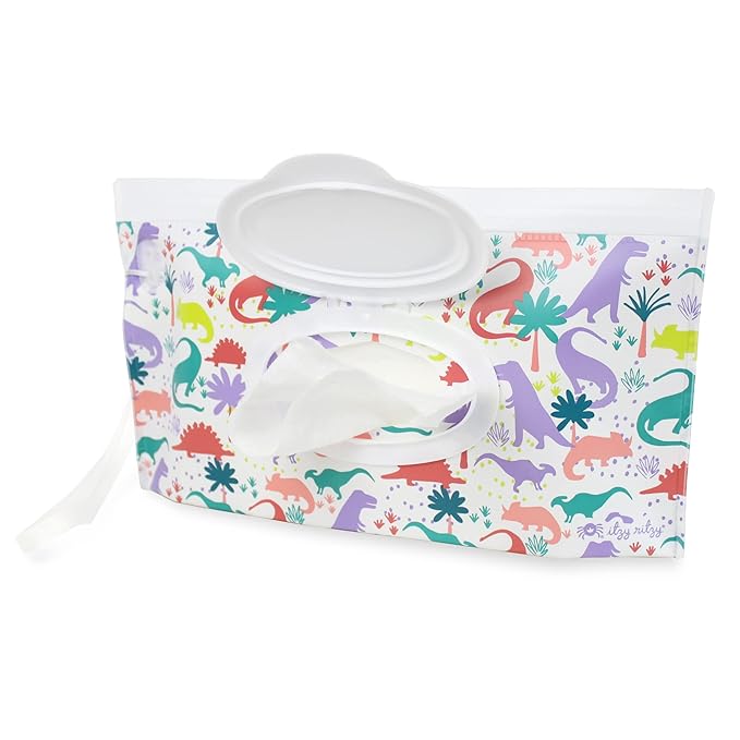 Itzy Ritzy Travel Wipes Case - Reusable Wipe Pouch – Take & Travel Pouch Holds Up to 30 Wet Wipes, Includes Silicone Wristlet Strap, Darling Dinosaurs