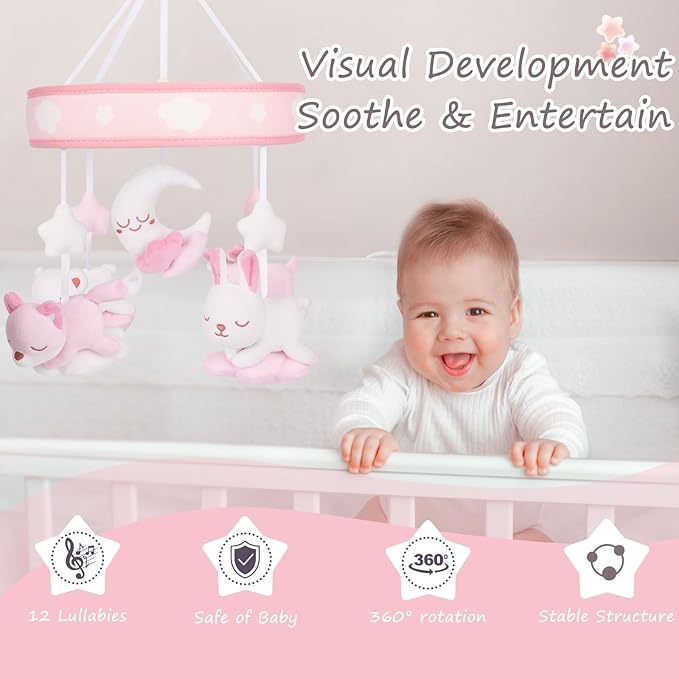 Crib Mobile for Girls, Baby Mobile for Crib with 12 Lullabies Digital Musical Box, 3 Modes, Volume & Songs Control, Pink Design for Nursey Decor