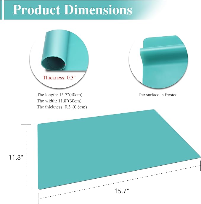 3Pcs 15.7"x 11.8"x 0.03" Green Silicone Placemats, Silicone Mat, Silicone Mats for Baking, Kitchen Counter, Jewelry, Paiting