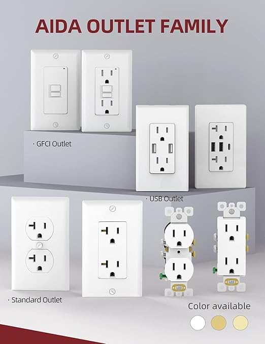 AIDA Duplex Receptacle Outlet, Tamper Resistant & Weather Resistance Outlets, Residential, 3-Wire, Self-Grounding, 15Amp 125V, UL Listed, White(50 Pack)