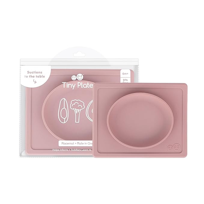 ezpz Tiny Plate (Blush) - 6 Months+ - 100% Silicone Suction Placemat + Plate for Infants - Fits on Most Highchair Trays - Baby Led Weaning Supplies