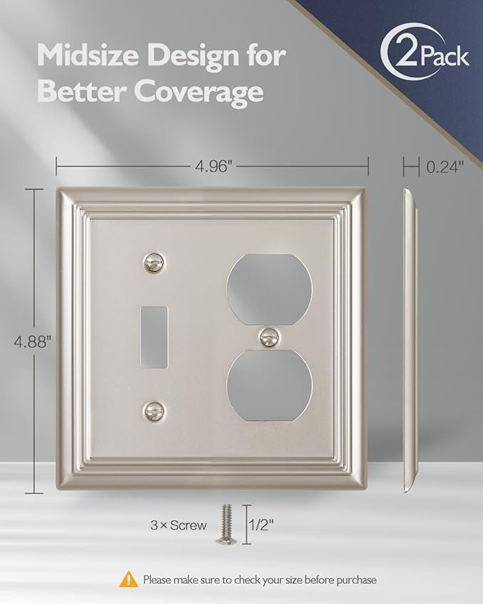2-Pack Combination Toggle/Duplex Wall Plate, Wall Outlet Covers for Double Light Switches, Receptacle Outlet, Dimmer Switch, Satin Nickel Finish, Midsize, A031 Series