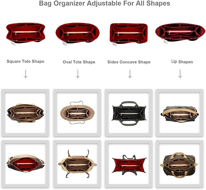 ZTUJO Purse Organizer Insert For Handbags, Silky Bag Organizer With 2 Zippers For Speedy Neverful Tote and More (Red, Small)