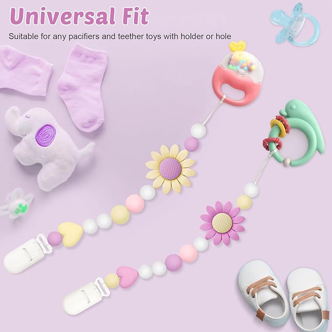 Silicone Pacifier Clip, 4 Pack Pacifier Holder for Boys and Girls, Adorable Sunflower Pacifier Strap Fits for Most Pacifier, Baby Teethers, Baby Shower and Baby Gift