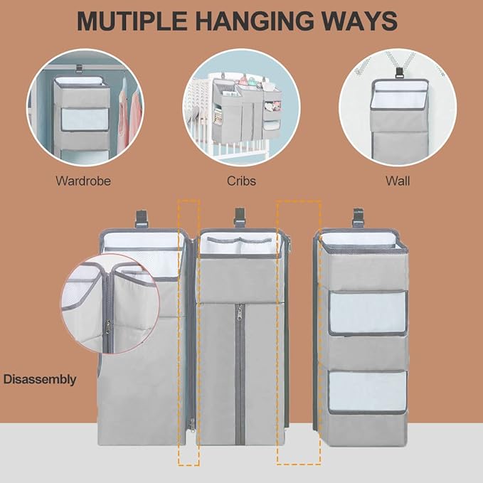 Hanging Diaper Caddy Organizer for Baby Crib - 3-in-1 Diaper Stacker for Changing Table Nursery Organization Storage Holder for Baby Essentials Attachment Portable Combining (Light grey)