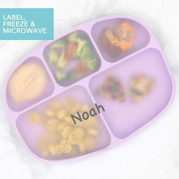 Bumkins Toddler and Baby Suction Plate, Silicone Divided Grip Dish and Lid, Large 5-Section Tray for Kids, Essentials in Children Feeding Supplies, Non Skid Stick Bottom, Ages 6 Months Up, Lavender