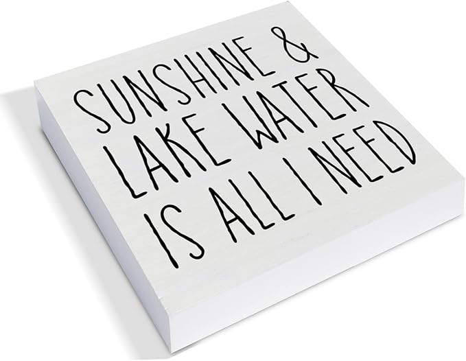 Country Lake Themed Wood Box Sign Decor Desk Sign Sunshine and Lake Water is All I Need Wooden Box Block Sign Summer Rustic Home Shelf Wall Decoration