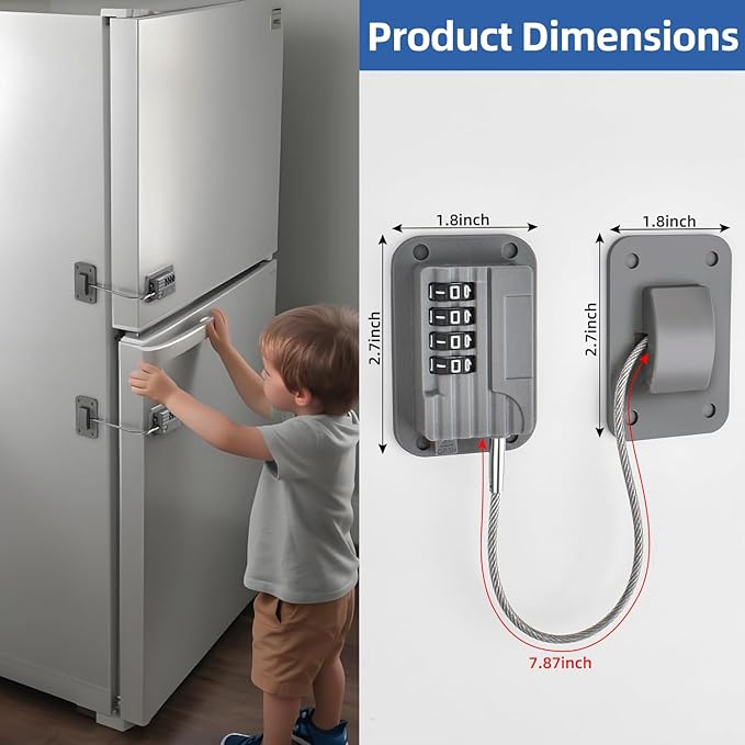 RORMGO Refrigerator Lock, Heavy Duty Fridge Locks for Kids, Freezer Lock with Combination for Refrigerator Drawer Cabinet Safety, Easy to Install No Keys Needed Grey, 2 Packs