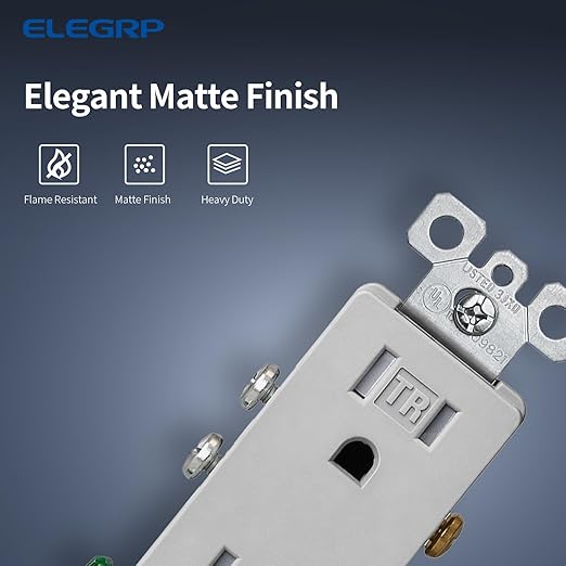 ELEGRP Matte Gray Decorator Electrical Wall Receptacle Outlet, TR Tamper Resistant Outlet, 15A 125V, 2 Pole 3 Wire, NEMA 5-15R, Self-Grounding, UL Listed, 5 Pack