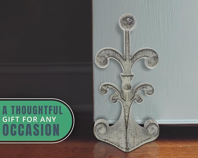 Comfify Fleur De Lis Cast Iron Door Stop – One Decorative Wedge with Felt Bottom – Rustic White Antique Finish – 4" x 3.5" x 7.75"