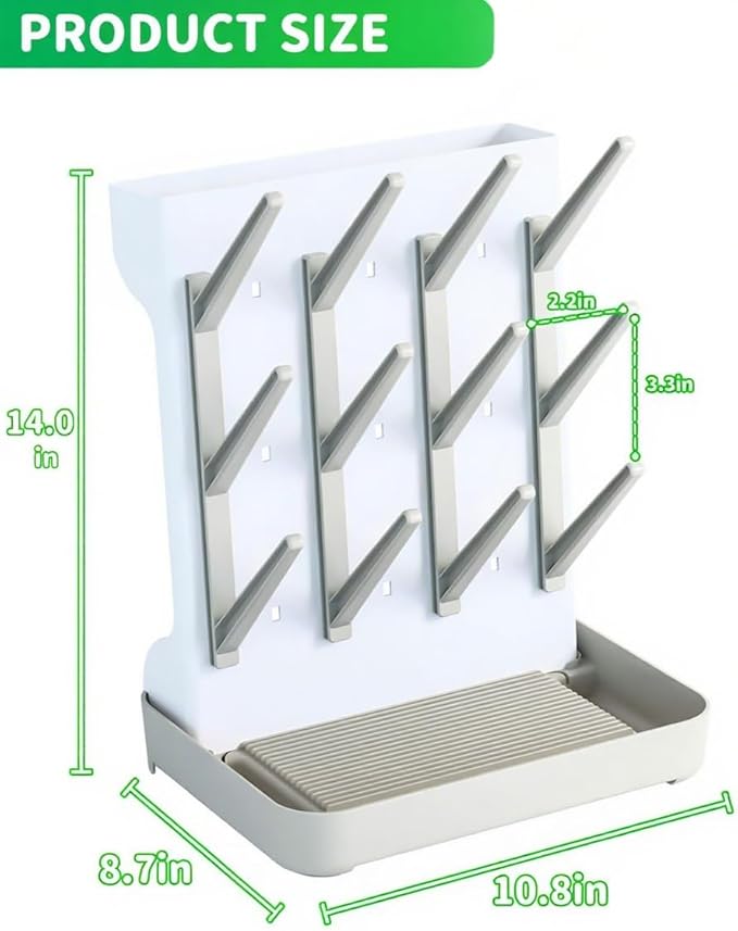 Baby Bottle Drying Rack, Vertical Space Saving Countertop Holder - Large Capacity for 12 Bottles, Pump Parts, Pacifiers, Brushes, Sippy Cups - BPA-Free, Baby Accessories Organizer - Grey