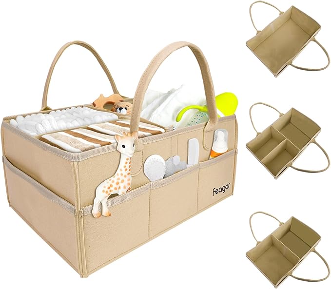 Feagar Baby Diaper Caddy Organizer, 15 Inch Large with 8 Pockets & 2 Dividers, Portable Nursery Storage Basket & Car Organizer for Changing Table, Travel (Khaki)