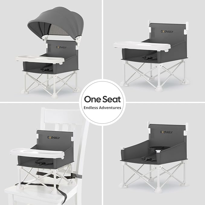 Cochildor 4-in-1 Portable Baby Chair, Foldable Toddler Booster Seat with Removable Tray, Canopy & Safety Harness, Gray