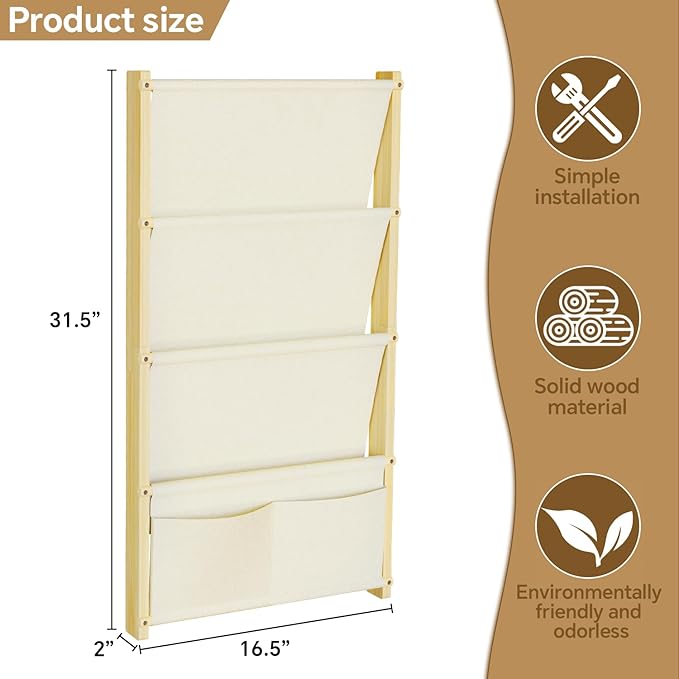 Wood 4-Tier Wall Mounted Kids Bookshelf – Floating Book Shelf For Kids Rooms,Nursery & Classroom, Hanging Bookcase Organizer For Books, Toddler Book Shelf, Montessori Bookshelf, Nursery Shelves