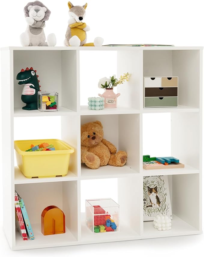 Costzon 9-Cube Toy Storage Organizer, 4-Tier Wooden Bookcase for Books and Toys Storage, Book Shelf for Kids Rooms, Playroom, Living Room, Nursery