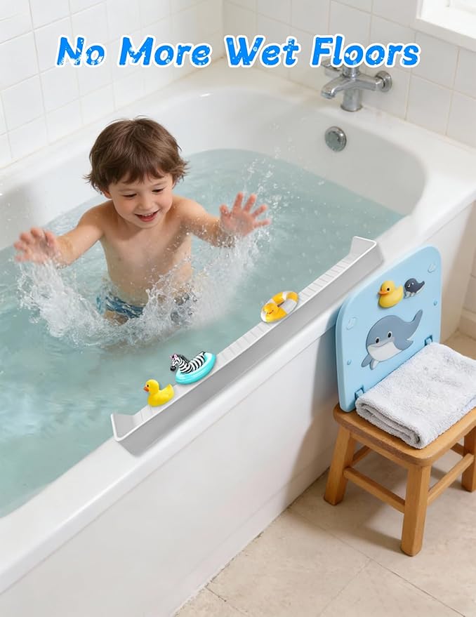 Splash Guard for Bathtub 31.5 Inch Silicone Tub Splash Guard with 11 Suction Cups Foldable Bath Toy Holder & Play Shelf Prevents Water Spills for Standard Tubs (Light Gray)