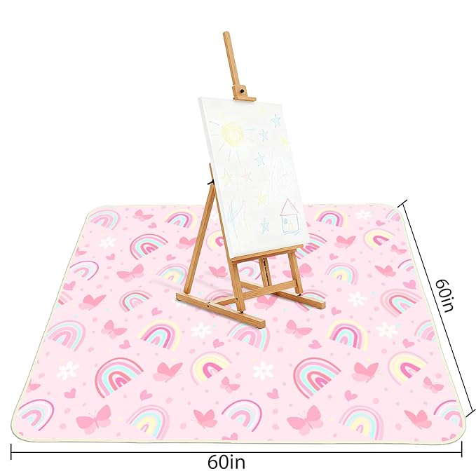 Basumee Splat Mat High Chair Mat Waterproof Baby Play Splat Mat for Under High Chair Food Catcher Highchair Mat for Floor Non Slip Bottom, Pink Rainbow, 60x60 Inches