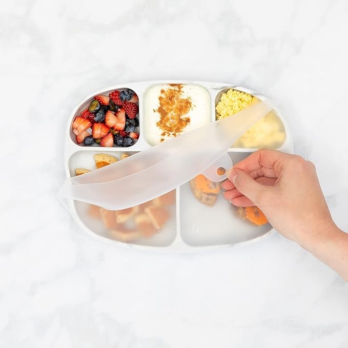 Bumkins Toddler and Baby Suction Plate, Divided Grip Dish Cover for Babies and Kids, Baby Led Weaning, Feeding Supplies, Store and Label Leftovers, Food Prep Portions, Fits Bumkins Large Tray