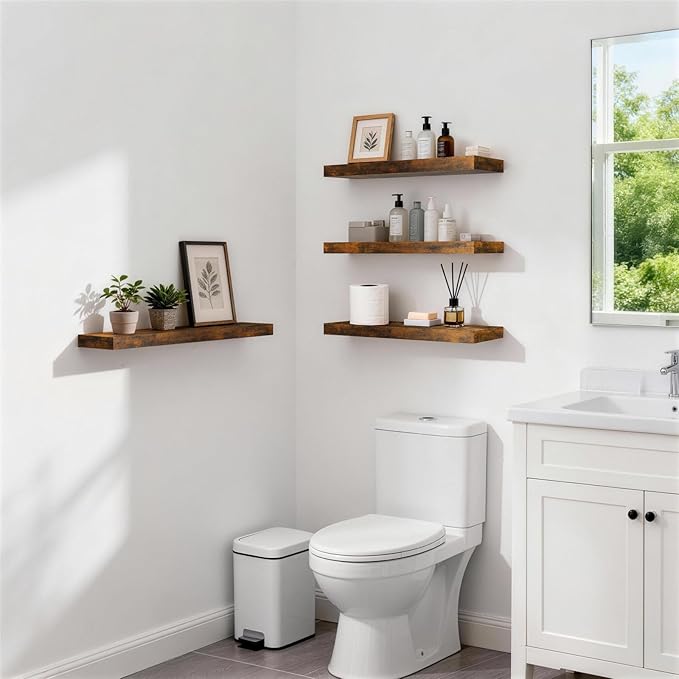 BAYKA Floating Shelves, 22.5 inches Rustic Wood Wall Shelves for Bathroom，Bedroom, Living Room, Kitchen & Book, Hanging Display Decor Organization Shelf with 22 lbs Capacity (Rustic Brown)