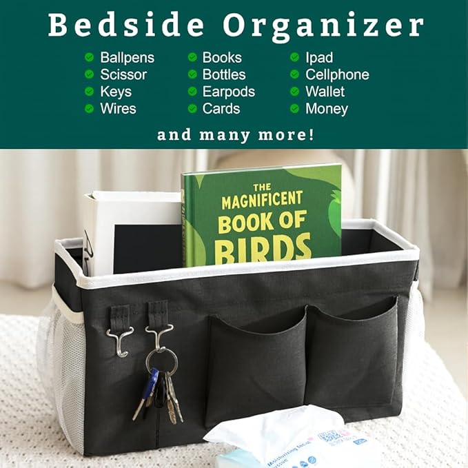 Bedside Caddy Organizer Hanging Storage Bag with Pockets for Books, Magazines, Phone, Tablet & Water Bottle – Bedside Storage for Dorm, Bunk Beds, Hospital Beds & Cribs, Black