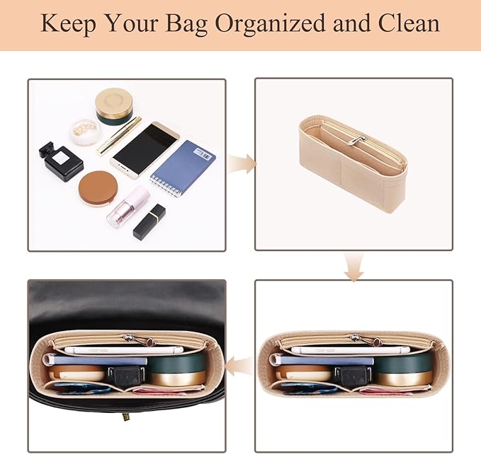 Chispee Zipper Softened Felt Purse Organizer Insert for Baguette, Tote, Longchamp Handbags Lightweight Bag Organizer with Multiple Pockets (Medium,Beige)